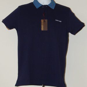 ROBERTO CAVALLI Embroidered Logo Pique Short Sleeve Polo Shirt Navy XL NWT